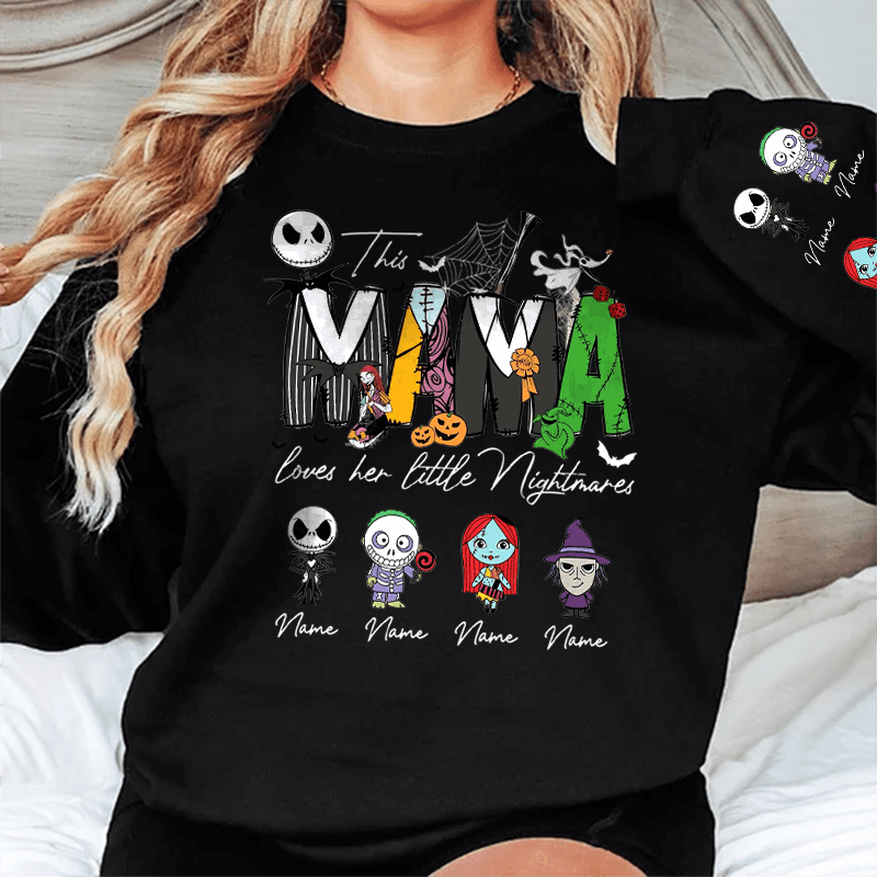 Personalized This Mama Loves Her Little Nightmares Sweatshirt, Mama Shirt With Kids Name, Spooky Season Halloween