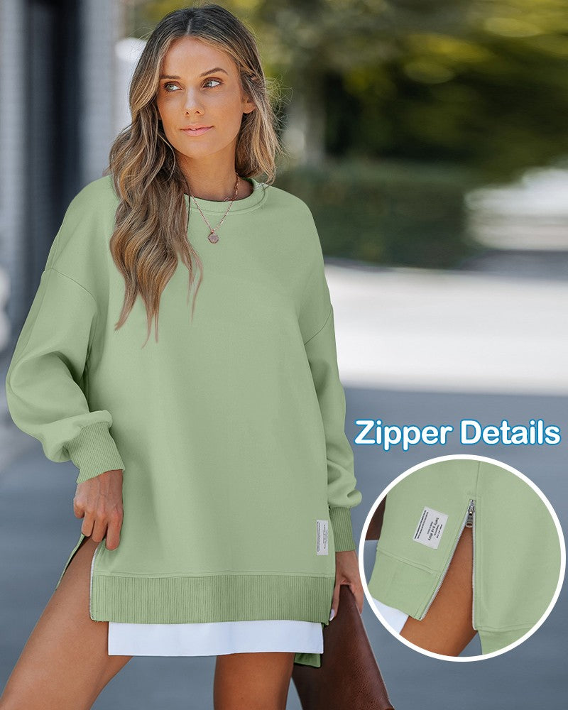 Long Sleeve Pullover Sweatshirt Zipper Slit Casual Dress