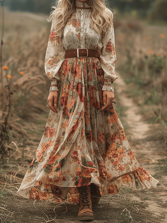 Women's Countryside Retro Stand Collar Floral Long Sleeve Dress