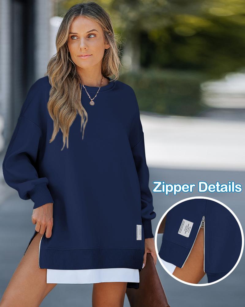 Long Sleeve Pullover Sweatshirt Zipper Slit Casual Dress