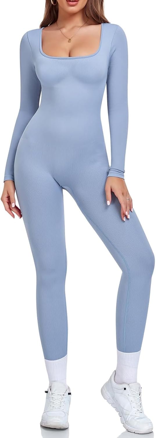 Nituyy Yoga One Piece Jumpsuit for Women Workout Long Sleeve Jumpsuits Bodycon Full Length Romper One-Piece Playsuit Bodysuit