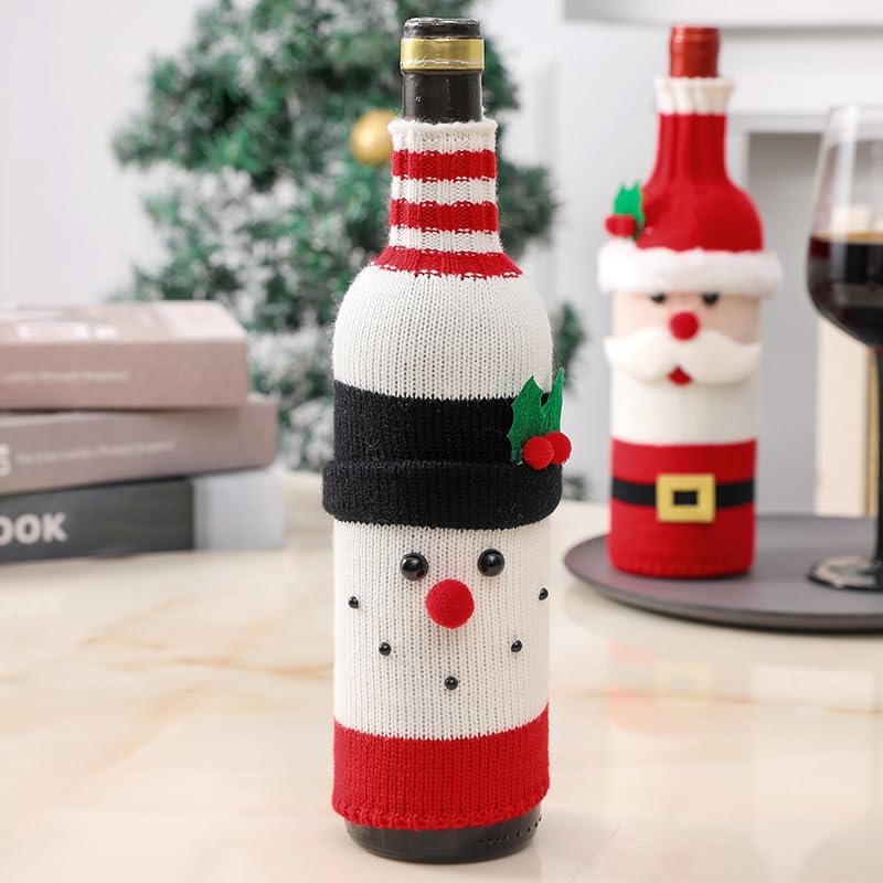 2Pack Christmas Wine Bottle Cover with Creative Knitted Santa Claus and Snowman,for Holiday Party Decoration and Table Decoration