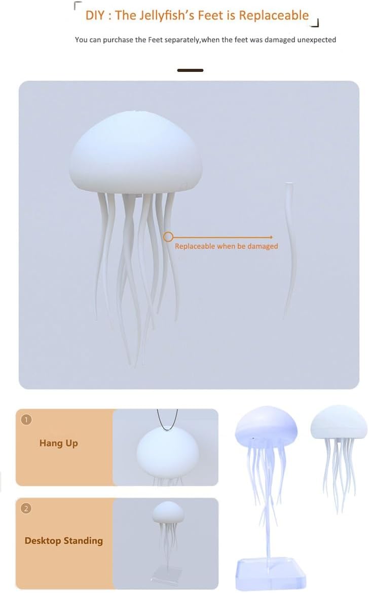 Jellyfel's Dancing Jellyfish Lamp, LED Cute Jellyfish Night Light，Floating Voice Control Jellyfish Lamp with Dancing Legs, RGB Gradient Jellyfish Bedside Lamp, The Jellyfel Lamp(Hanging+Base)