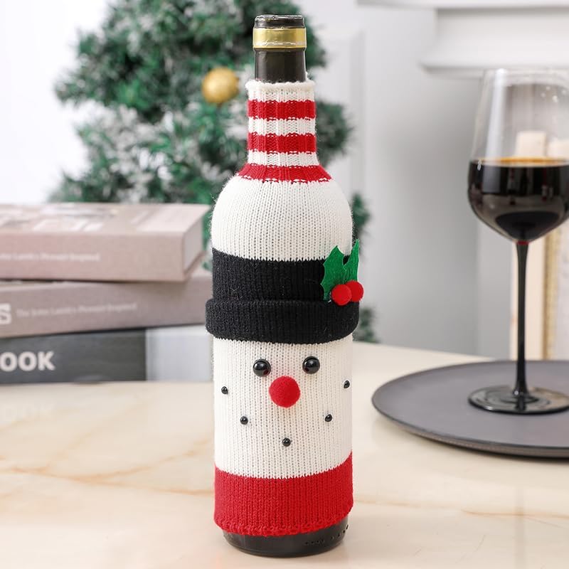 2Pack Christmas Wine Bottle Cover with Creative Knitted Santa Claus and Snowman,for Holiday Party Decoration and Table Decoration