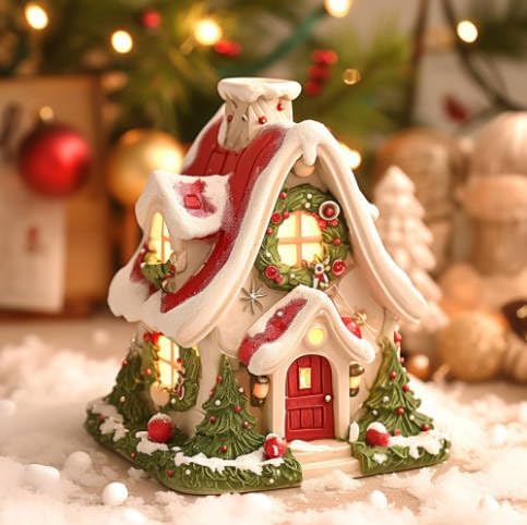 Christmas Snow Tree Village Public House LED Light Up Figurine, Christmas Glow Snow Cabin Tabletop Decoration, Christmas Tree Collection Miniature Village Shoppes Built-in Candle (Red)