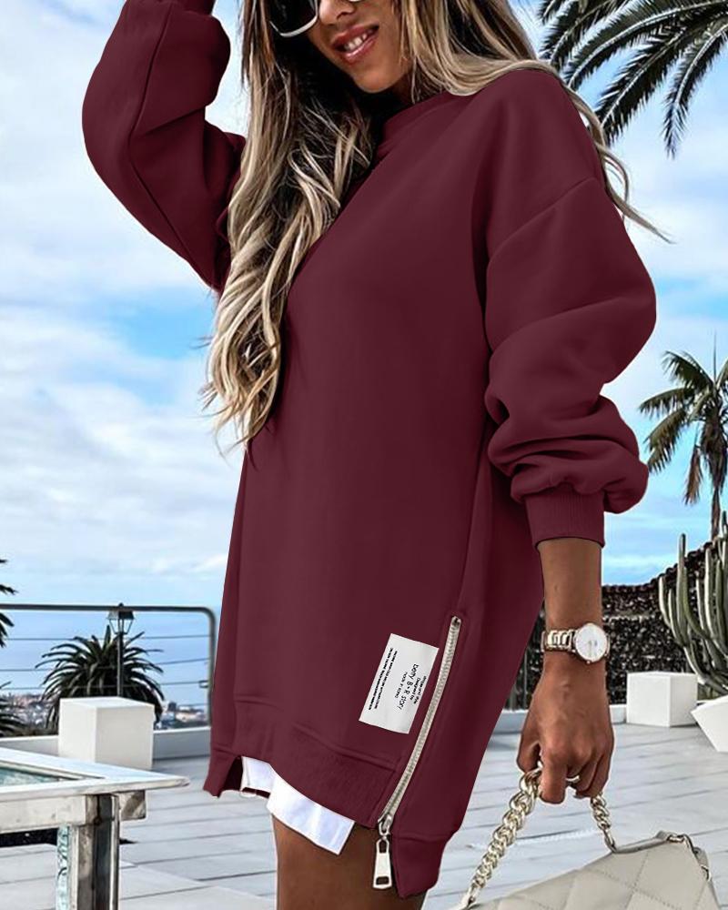 Long Sleeve Pullover Sweatshirt Zipper Slit Casual Dress