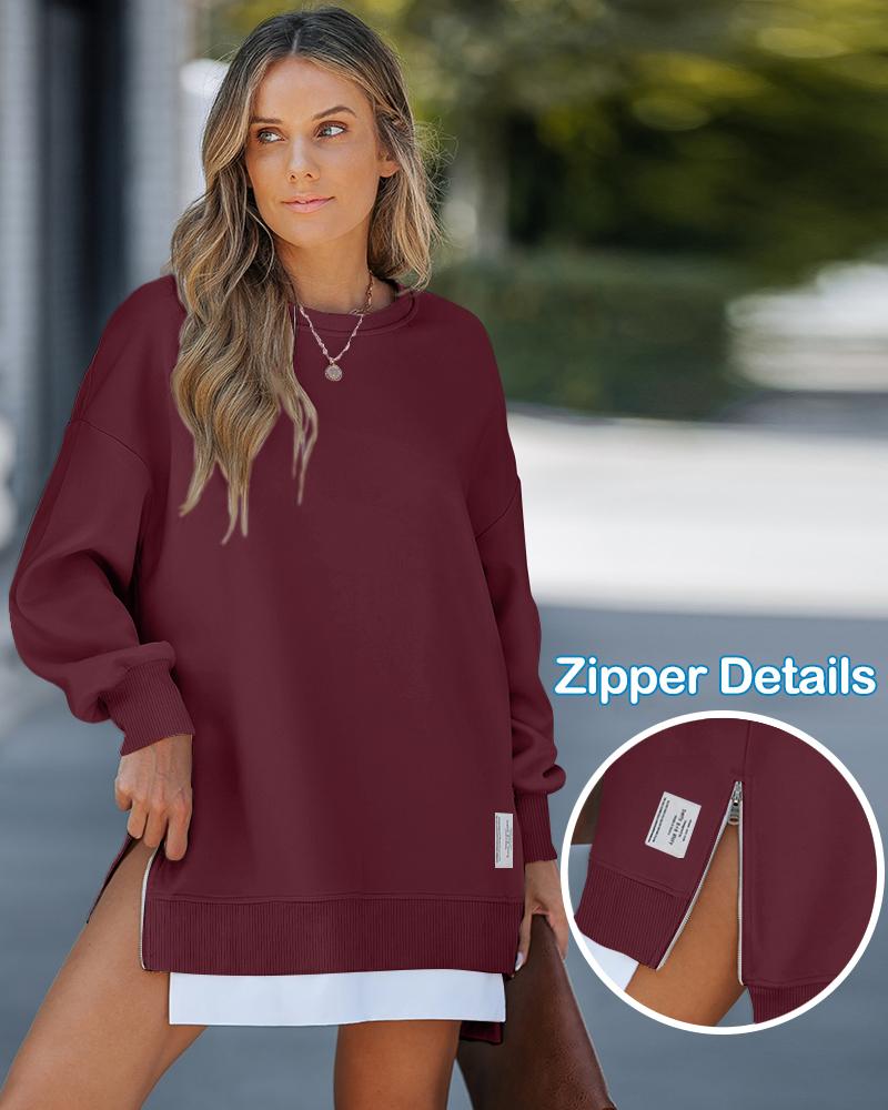 Long Sleeve Pullover Sweatshirt Zipper Slit Casual Dress