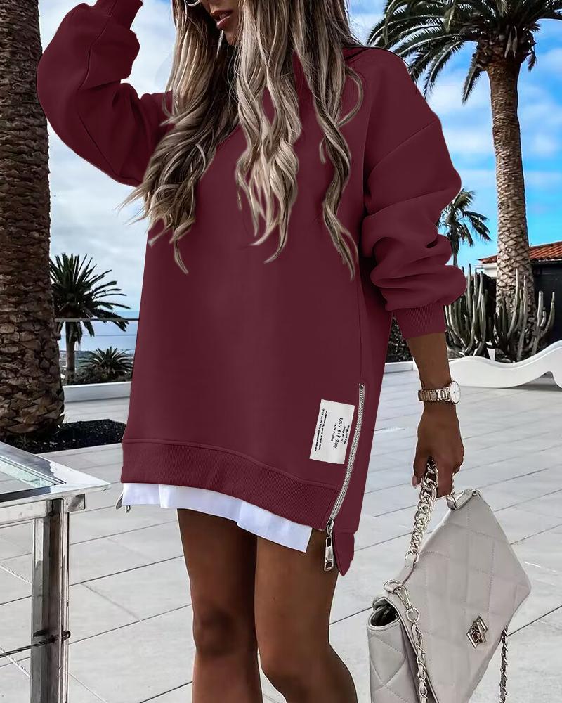 Long Sleeve Pullover Sweatshirt Zipper Slit Casual Dress