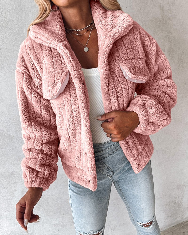 Turn-down Collar Buttoned Teddy Jacket