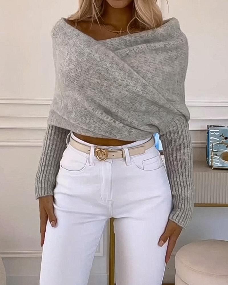 Wrap Off Shoulder Cropped Sweaters Long Sleeve Cross Front Solid Knitted Pullover Tops