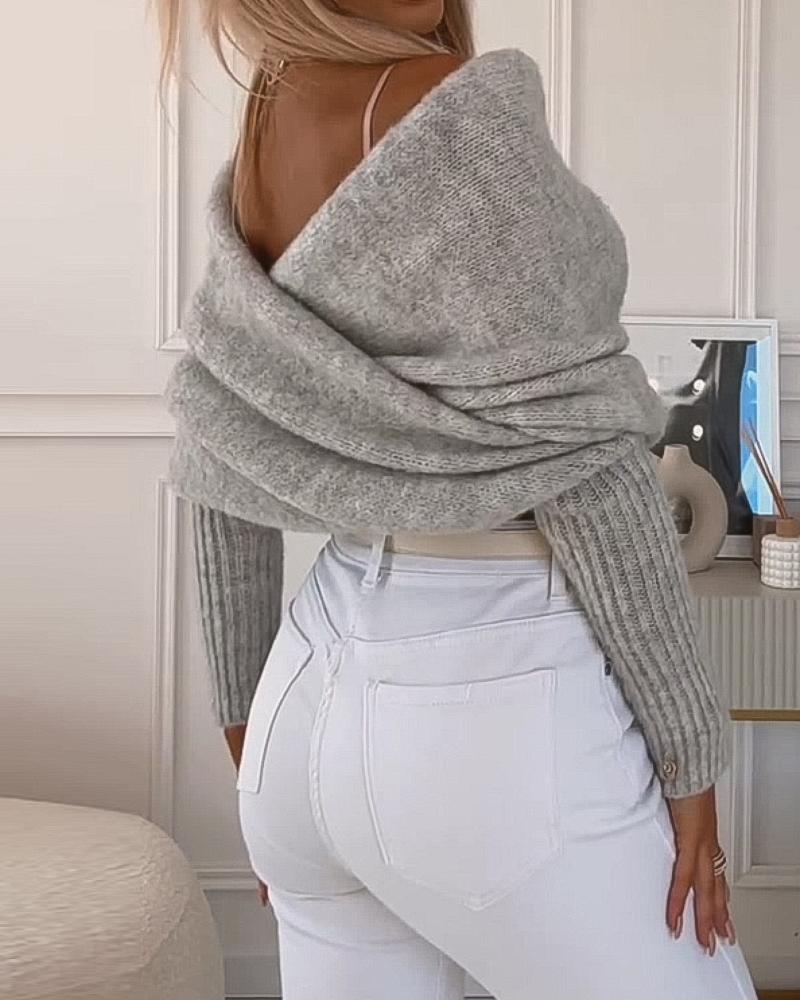 Wrap Off Shoulder Cropped Sweaters Long Sleeve Cross Front Solid Knitted Pullover Tops