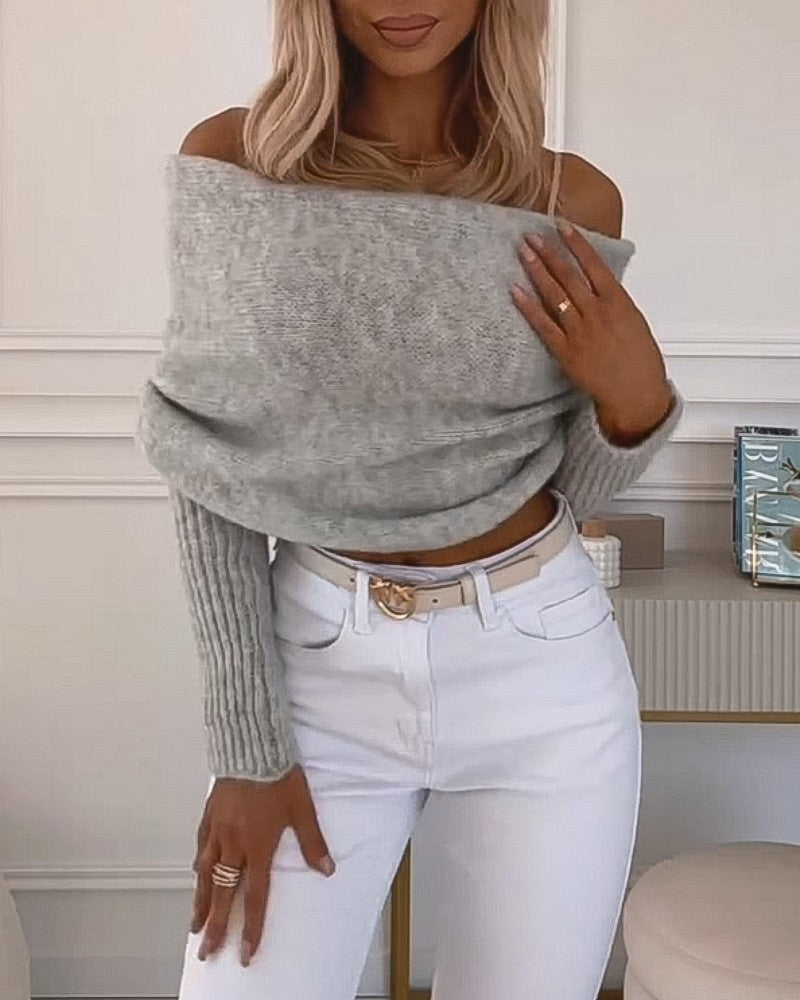 Wrap Off Shoulder Cropped Sweaters Long Sleeve Cross Front Solid Knitted Pullover Tops