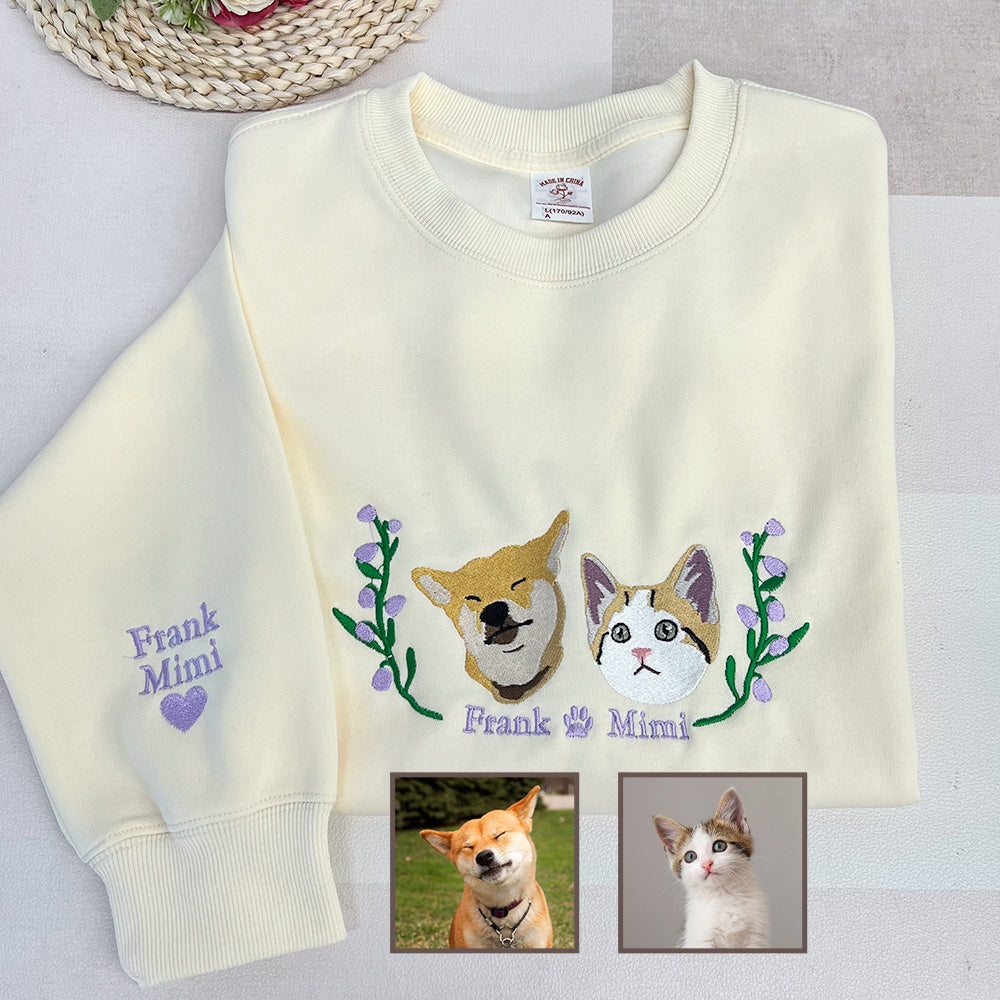 Custom Embroidered Sweatshirt With Pet Portrait  Flower