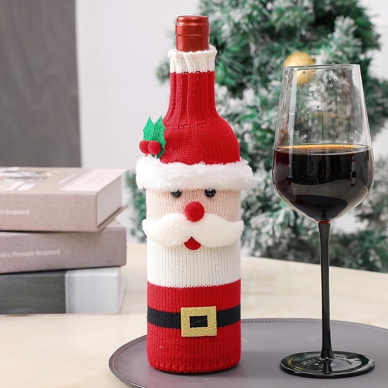 2Pack Christmas Wine Bottle Cover with Creative Knitted Santa Claus and Snowman,for Holiday Party Decoration and Table Decoration