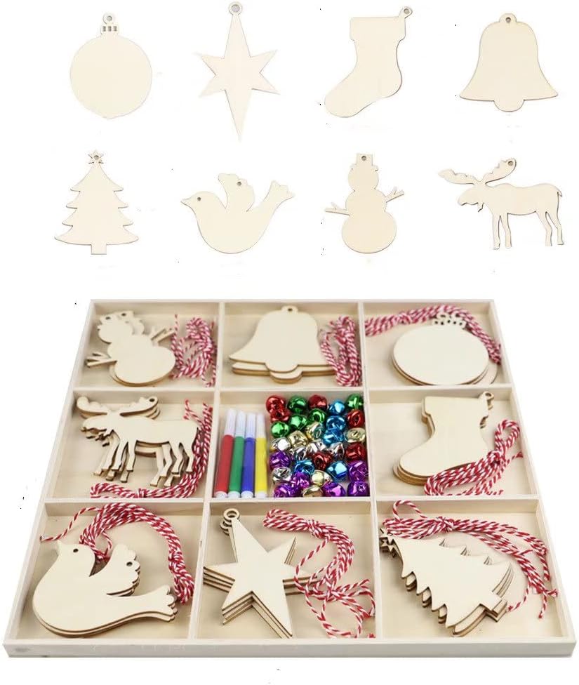 32pcs Unfinished Wooden Slices Christmas Wooden Ornaments Unfinished Wood Hanging Ornaments for DIY Crafts Centerpieces Holiday Christmas Decorations