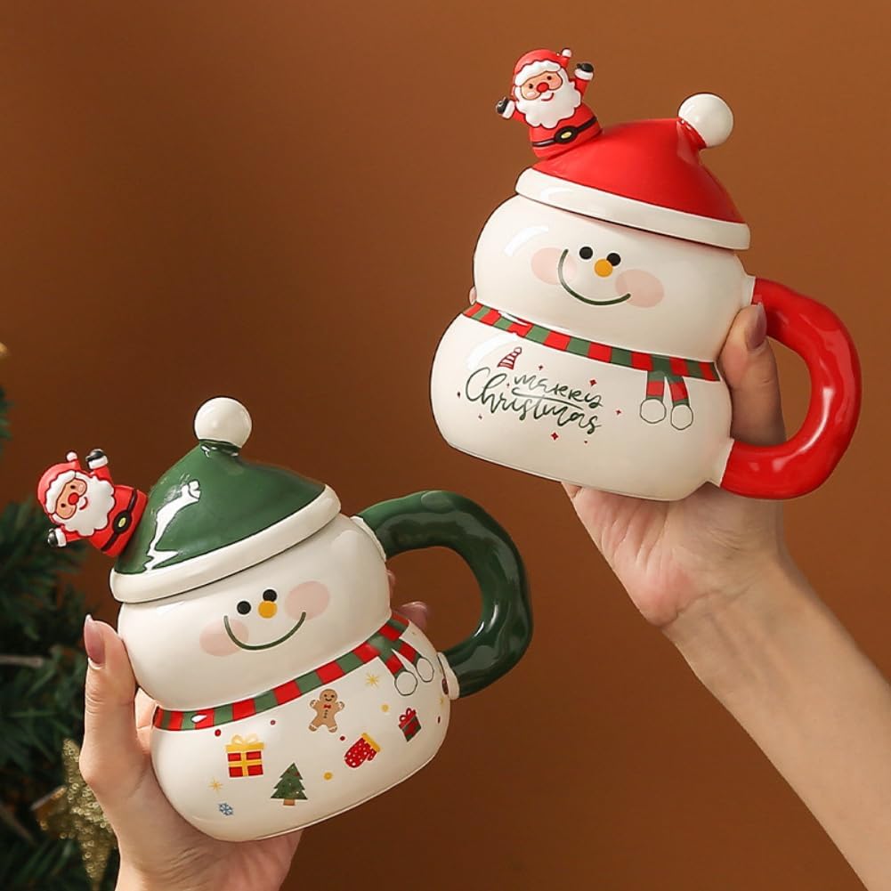 Christmas Mug with Lid and Spoon Cartoon Snowman Christmas Tree Santa Claus Cup Cute 400ml Ceramic Coffee Cup Xmas Birthday Gifts