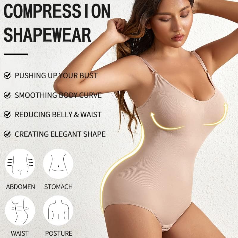 RIOXS Women's 3 Pack Bodysuit Shapewear Tummy Control Sleeveless V-Neck Camisole Slimming Jumpsuit Butt Lifting Bodysuit (Black+Beige+Coffee, XL)