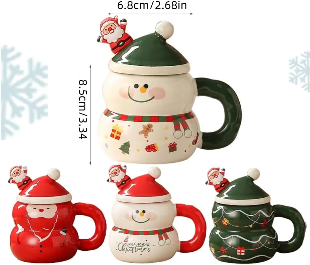 Christmas Mug with Lid and Spoon Cartoon Snowman Christmas Tree Santa Claus Cup Cute 400ml Ceramic Coffee Cup Xmas Birthday Gifts