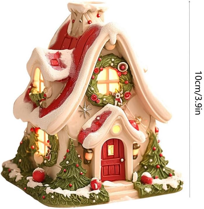 Christmas Snow Tree Village Public House LED Light Up Figurine, Christmas Glow Snow Cabin Tabletop Decoration, Christmas Tree Collection Miniature Village Shoppes Built-in Candle (Red)