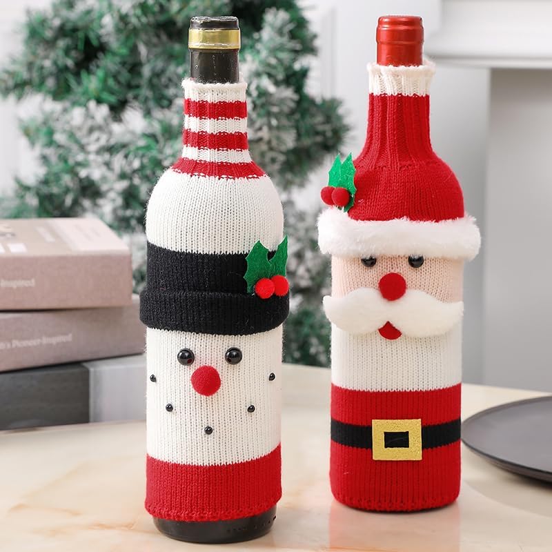 2Pack Christmas Wine Bottle Cover with Creative Knitted Santa Claus and Snowman,for Holiday Party Decoration and Table Decoration