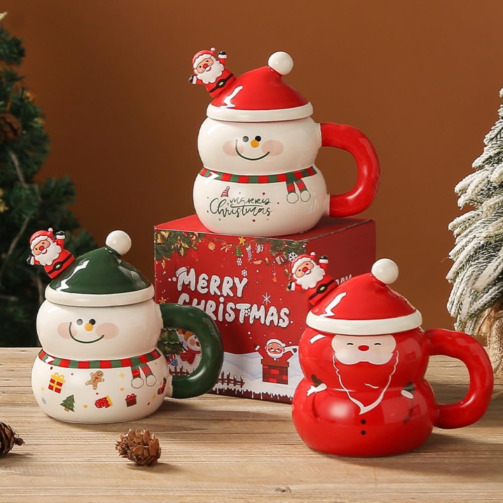 Christmas Mug with Lid and Spoon Cartoon Snowman Christmas Tree Santa Claus Cup Cute 400ml Ceramic Coffee Cup Xmas Birthday Gifts