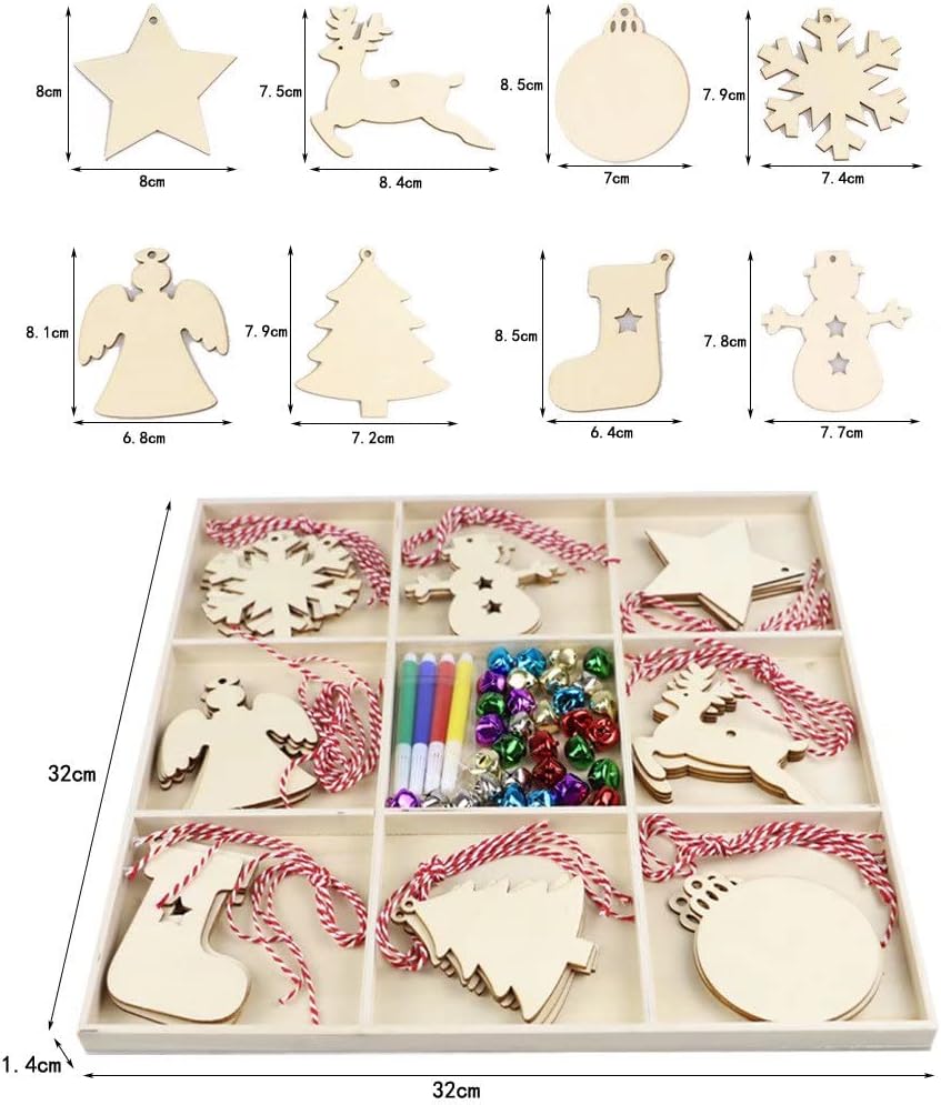 32pcs Unfinished Wooden Slices Christmas Wooden Ornaments Unfinished Wood Hanging Ornaments for DIY Crafts Centerpieces Holiday Christmas Decorations