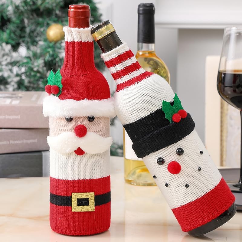 2Pack Christmas Wine Bottle Cover with Creative Knitted Santa Claus and Snowman,for Holiday Party Decoration and Table Decoration