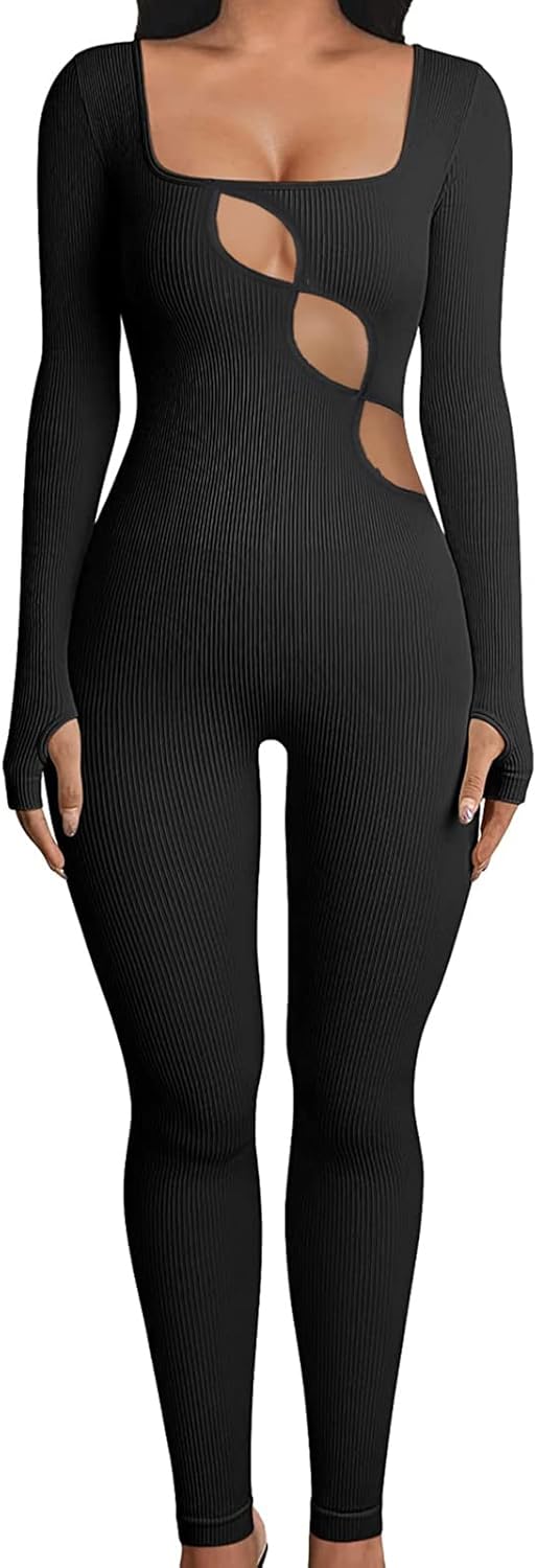 Nituyy Yoga One Piece Jumpsuit for Women Workout Long Sleeve Jumpsuits Bodycon Full Length Romper One-Piece Playsuit Bodysuit