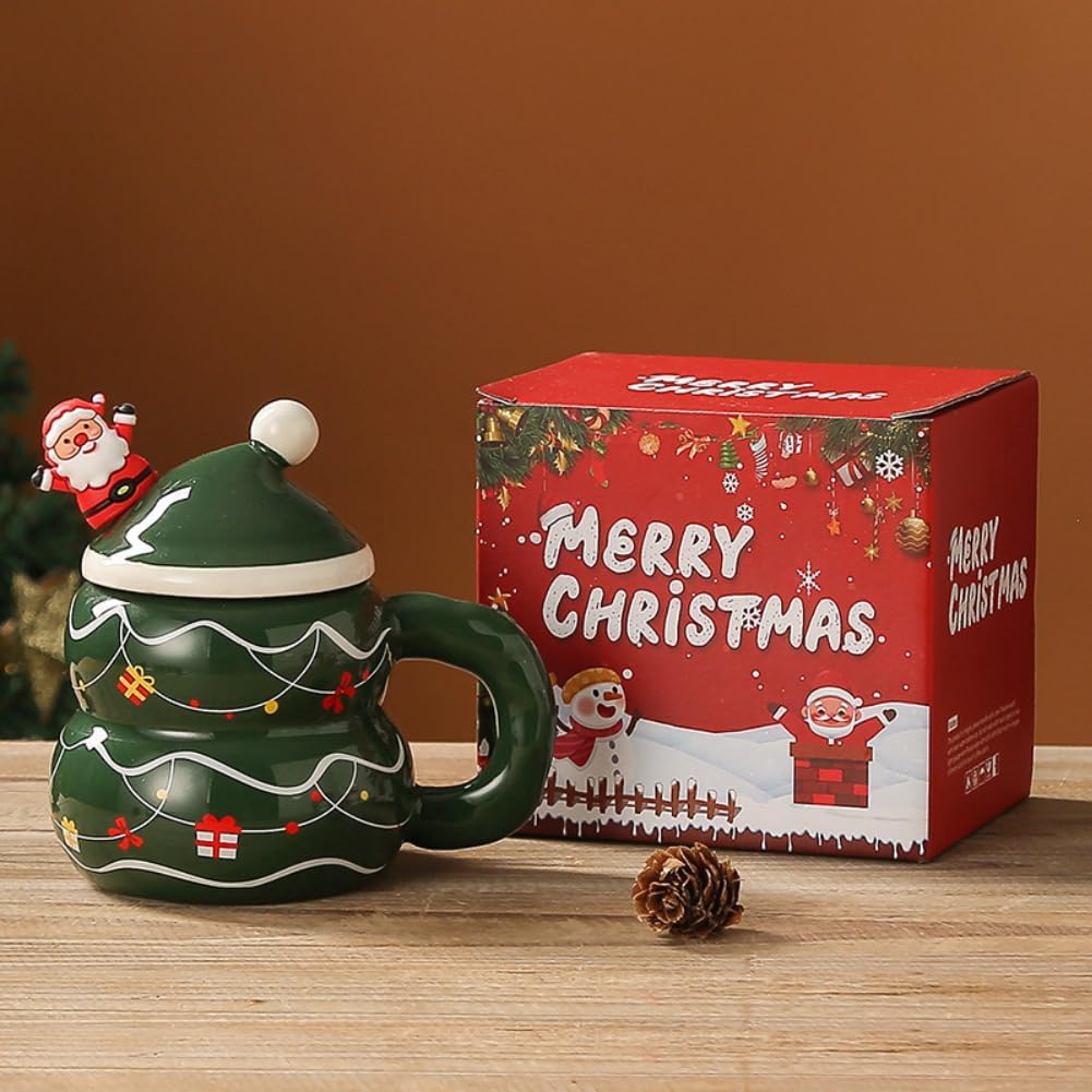 Christmas Mug with Lid and Spoon Cartoon Snowman Christmas Tree Santa Claus Cup Cute 400ml Ceramic Coffee Cup Xmas Birthday Gifts