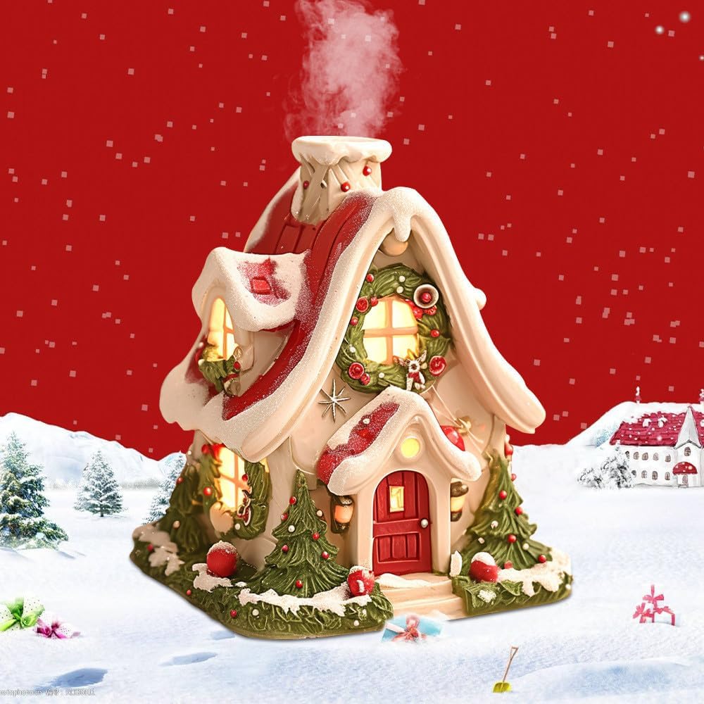 Christmas Snow Tree Village Public House LED Light Up Figurine, Christmas Glow Snow Cabin Tabletop Decoration, Christmas Tree Collection Miniature Village Shoppes Built-in Candle (Red)