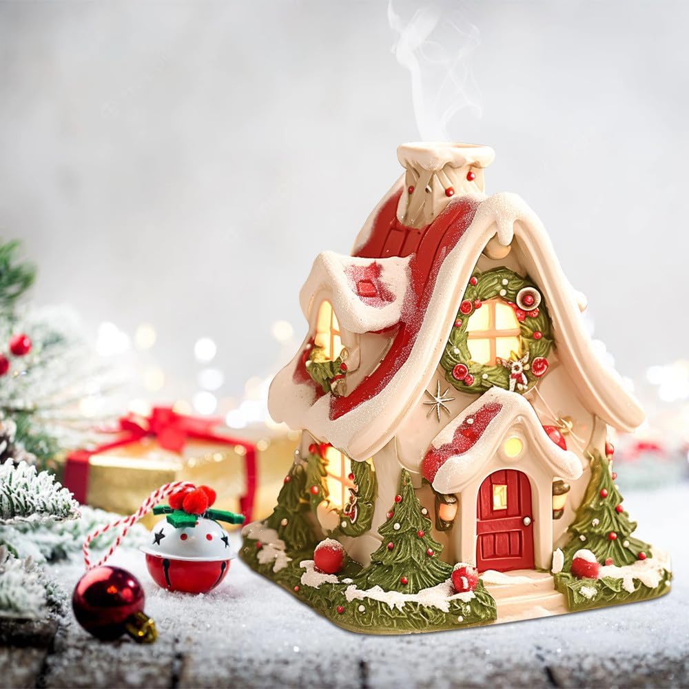 Christmas Snow Tree Village Public House LED Light Up Figurine, Christmas Glow Snow Cabin Tabletop Decoration, Christmas Tree Collection Miniature Village Shoppes Built-in Candle (Red)