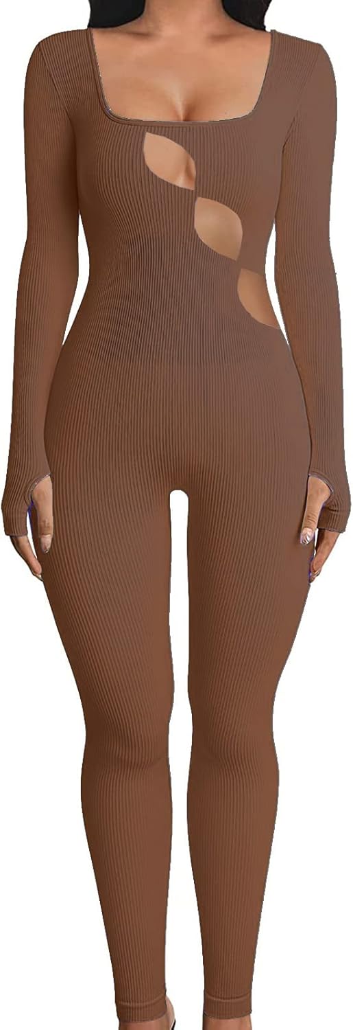 Nituyy Yoga One Piece Jumpsuit for Women Workout Long Sleeve Jumpsuits Bodycon Full Length Romper One-Piece Playsuit Bodysuit