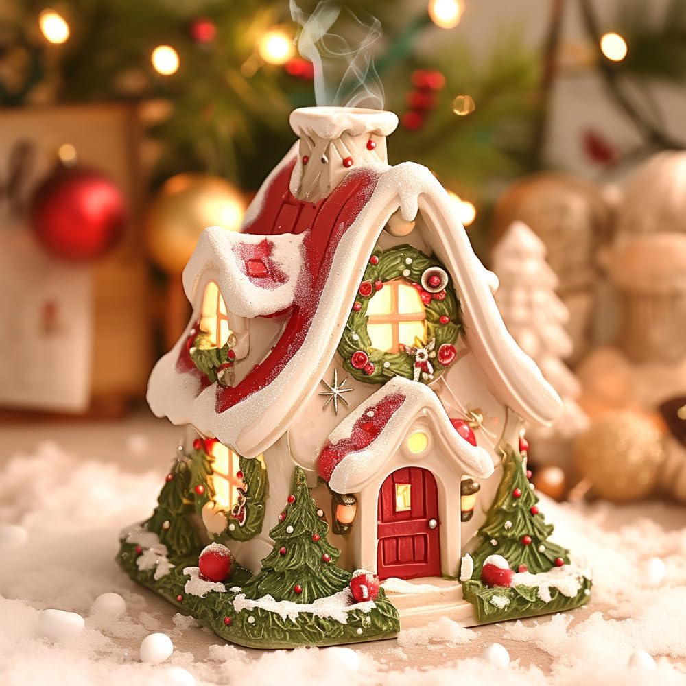 Christmas Snow Tree Village Public House LED Light Up Figurine, Christmas Glow Snow Cabin Tabletop Decoration, Christmas Tree Collection Miniature Village Shoppes Built-in Candle (Red)