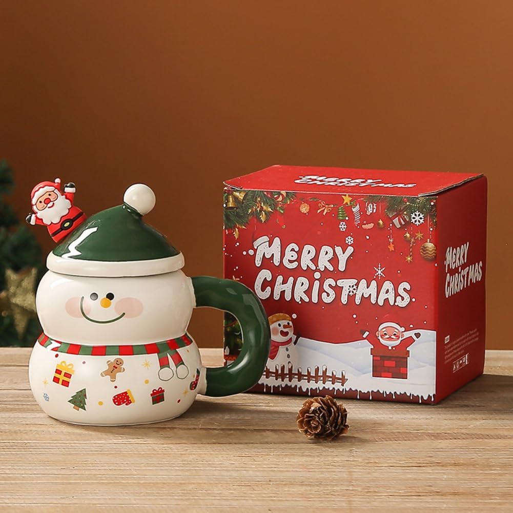 Christmas Mug with Lid and Spoon Cartoon Snowman Christmas Tree Santa Claus Cup Cute 400ml Ceramic Coffee Cup Xmas Birthday Gifts