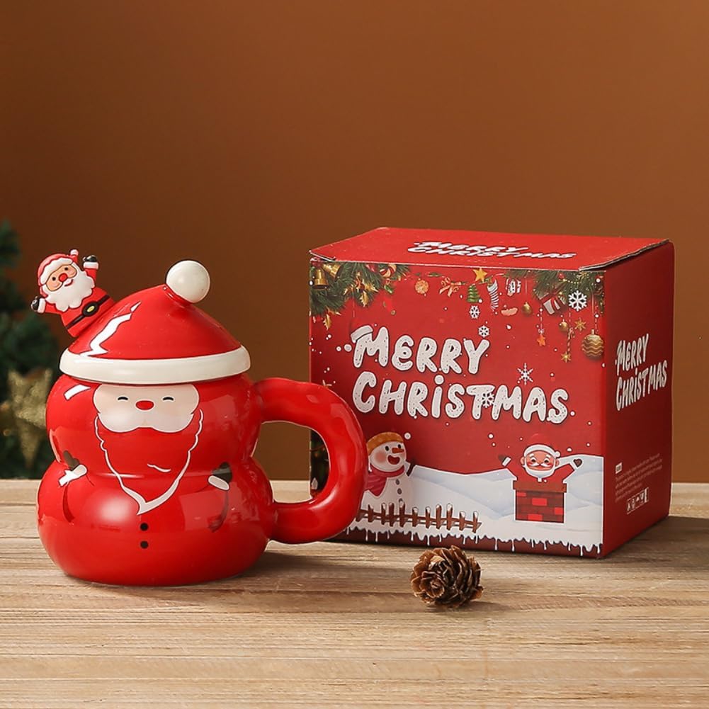 Christmas Mug with Lid and Spoon Cartoon Snowman Christmas Tree Santa Claus Cup Cute 400ml Ceramic Coffee Cup Xmas Birthday Gifts