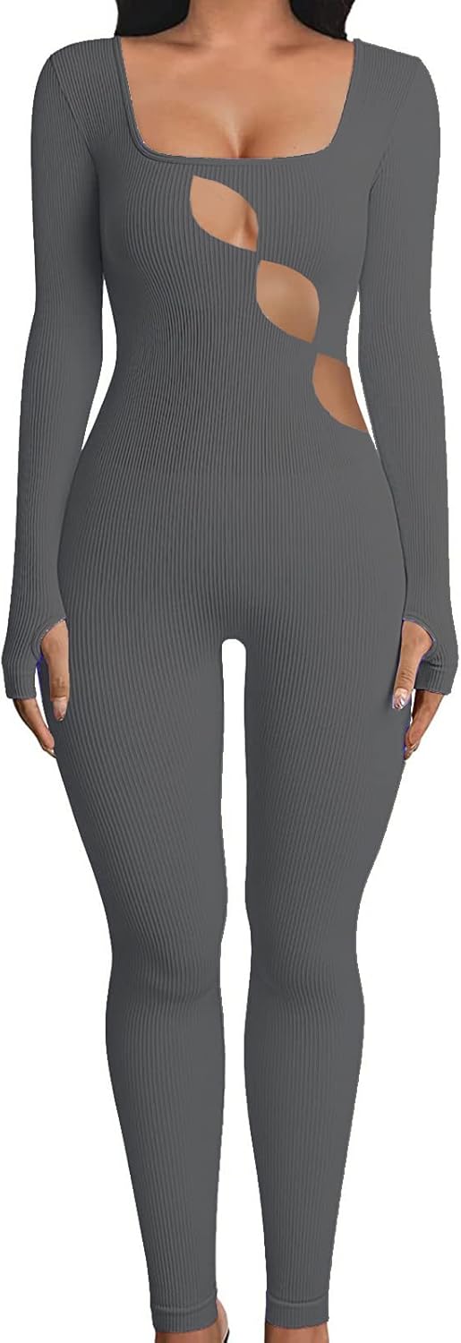 Nituyy Yoga One Piece Jumpsuit for Women Workout Long Sleeve Jumpsuits Bodycon Full Length Romper One-Piece Playsuit Bodysuit