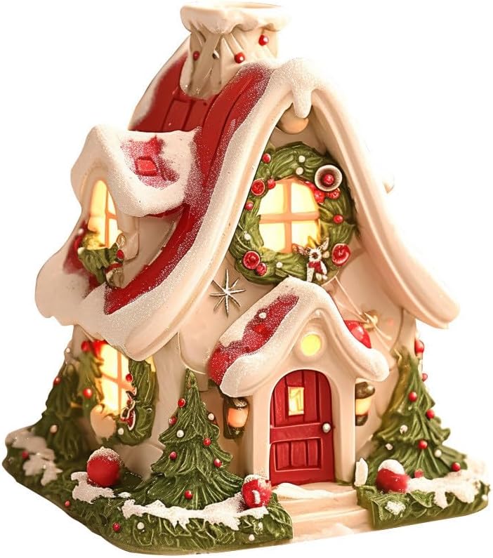 Christmas Snow Tree Village Public House LED Light Up Figurine, Christmas Glow Snow Cabin Tabletop Decoration, Christmas Tree Collection Miniature Village Shoppes Built-in Candle (Red)