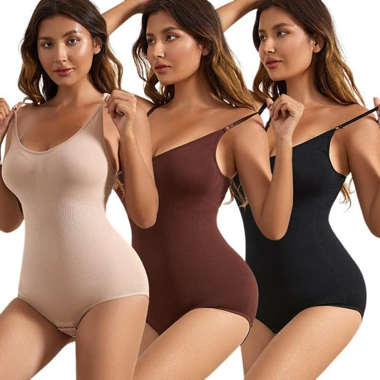 RIOXS Women's 3 Pack Bodysuit Shapewear Tummy Control Sleeveless V-Neck Camisole Slimming Jumpsuit Butt Lifting Bodysuit (Black+Beige+Coffee, XL)