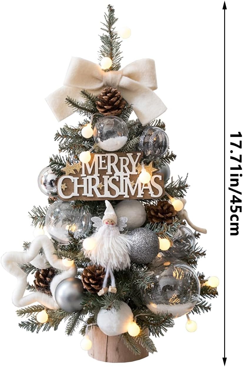 Tabletop Christmas Tree 17.7 Inch Mini Lighted Christmas Tree Christmas with Ornaments Balls Dolls Bow Tabletop Artificial Christmas Tree Christmas Decorations Indoor Christmas Decor