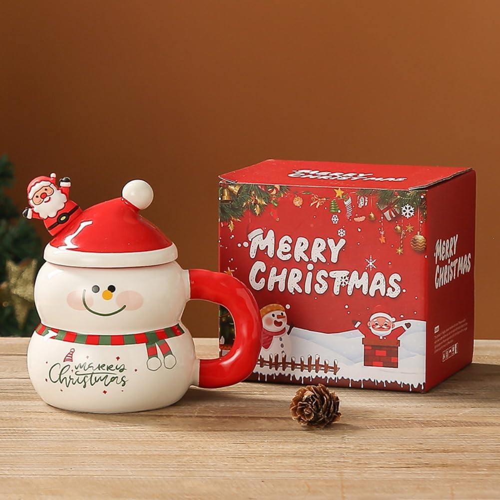 Christmas Mug with Lid and Spoon Cartoon Snowman Christmas Tree Santa Claus Cup Cute 400ml Ceramic Coffee Cup Xmas Birthday Gifts