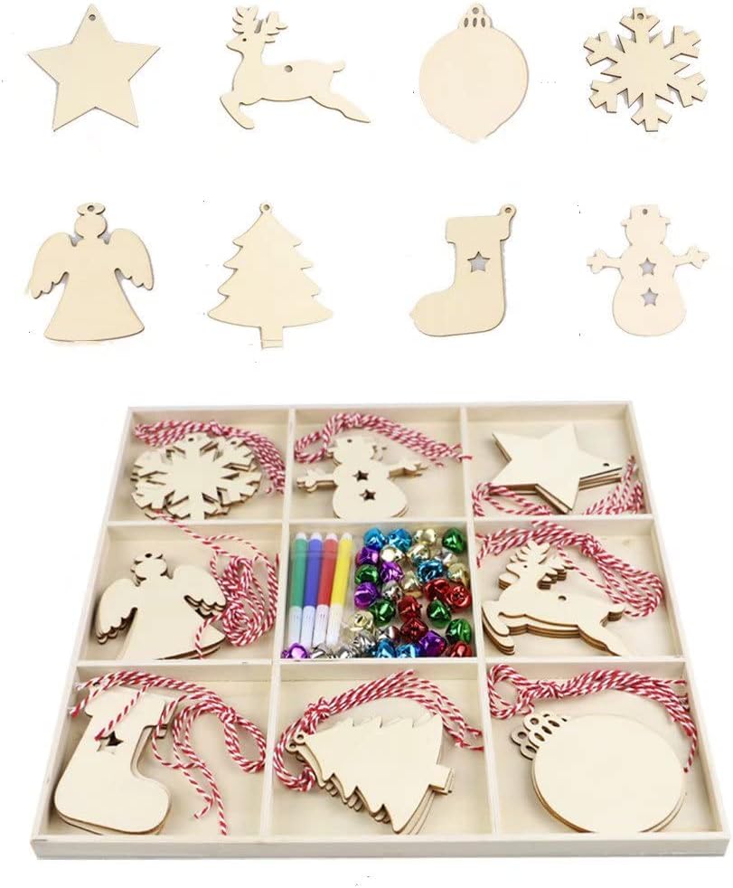 32pcs Unfinished Wooden Slices Christmas Wooden Ornaments Unfinished Wood Hanging Ornaments for DIY Crafts Centerpieces Holiday Christmas Decorations