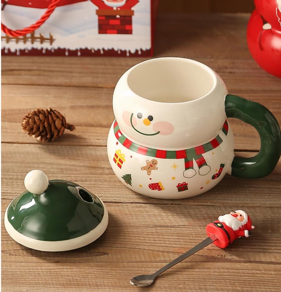 Christmas Mug with Lid and Spoon Cartoon Snowman Christmas Tree Santa Claus Cup Cute 400ml Ceramic Coffee Cup Xmas Birthday Gifts