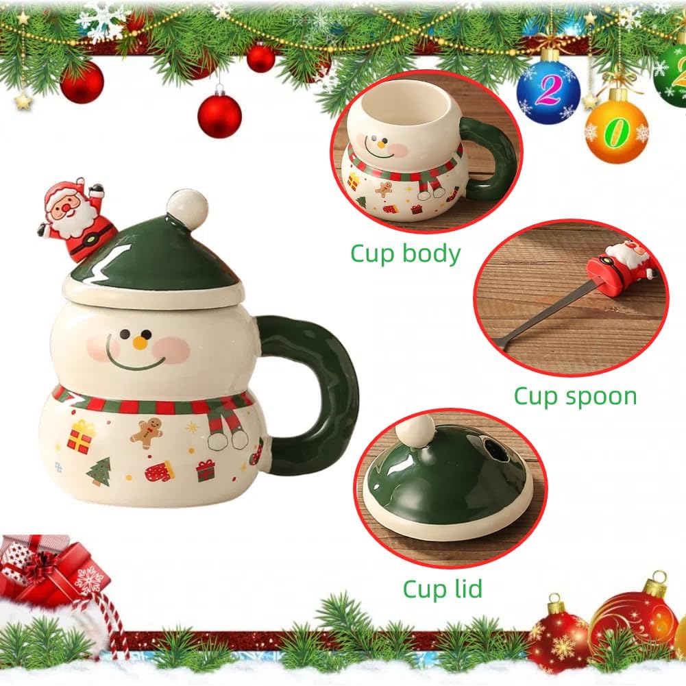 Christmas Mug with Lid and Spoon Cartoon Snowman Christmas Tree Santa Claus Cup Cute 400ml Ceramic Coffee Cup Xmas Birthday Gifts