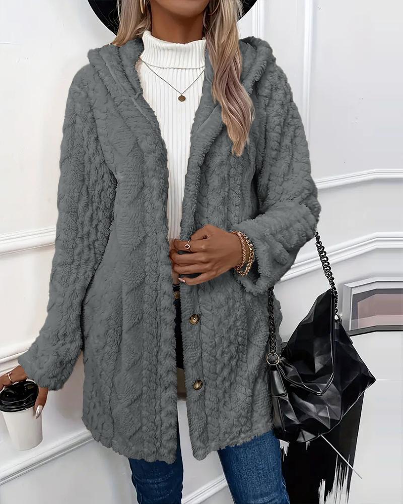 Argyle Textured Button Down Side Slit Long Sleeve Fleece Teddy Coat Hooded Jacket Warm Outwear