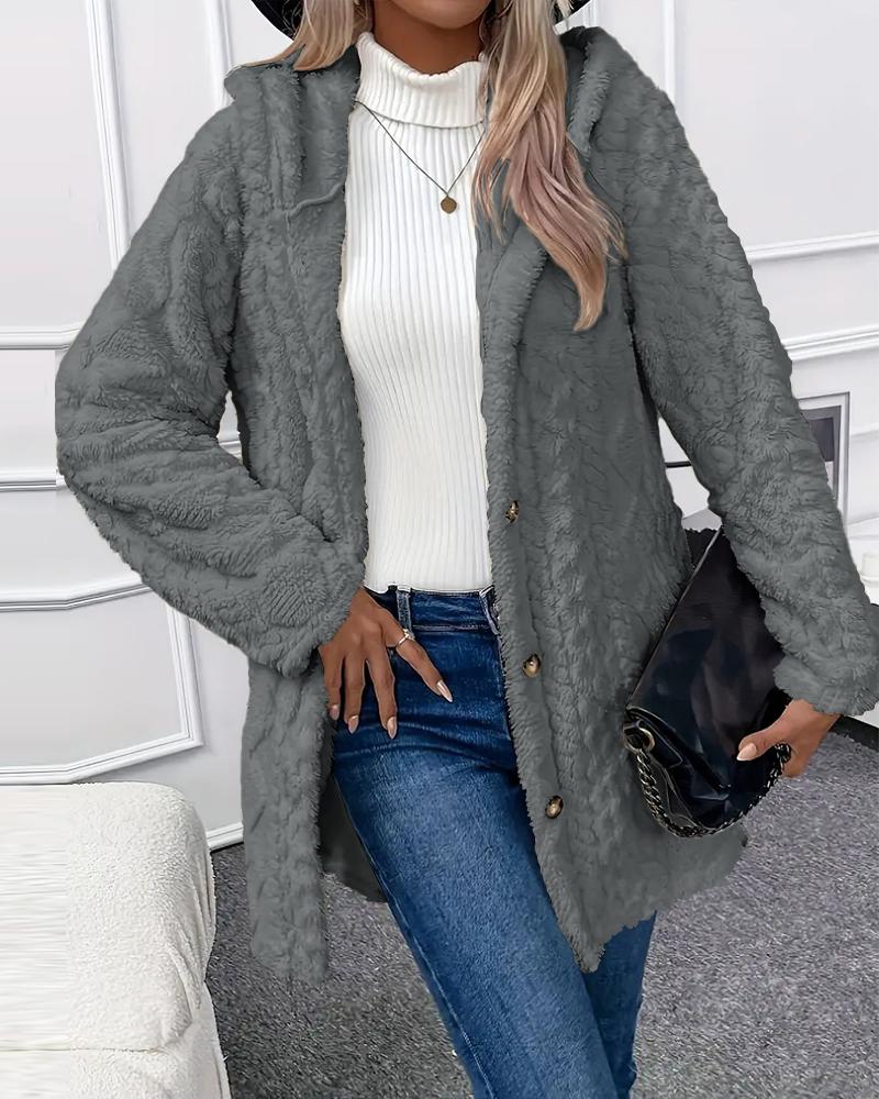 Argyle Textured Button Down Side Slit Long Sleeve Fleece Teddy Coat Hooded Jacket Warm Outwear