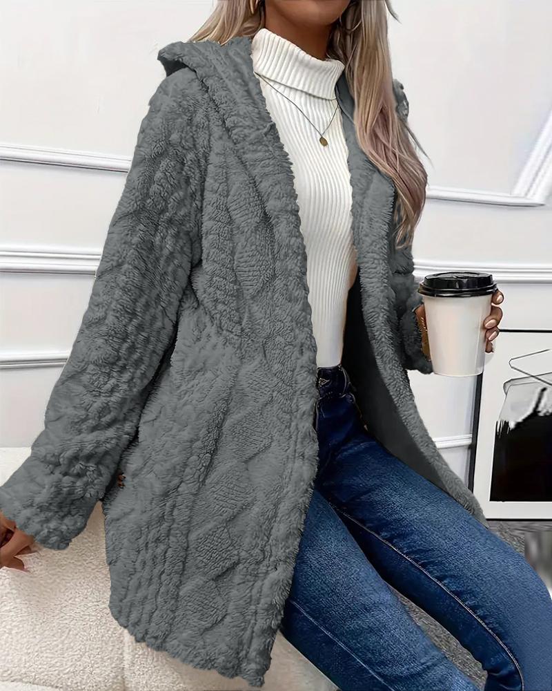 Argyle Textured Button Down Side Slit Long Sleeve Fleece Teddy Coat Hooded Jacket Warm Outwear