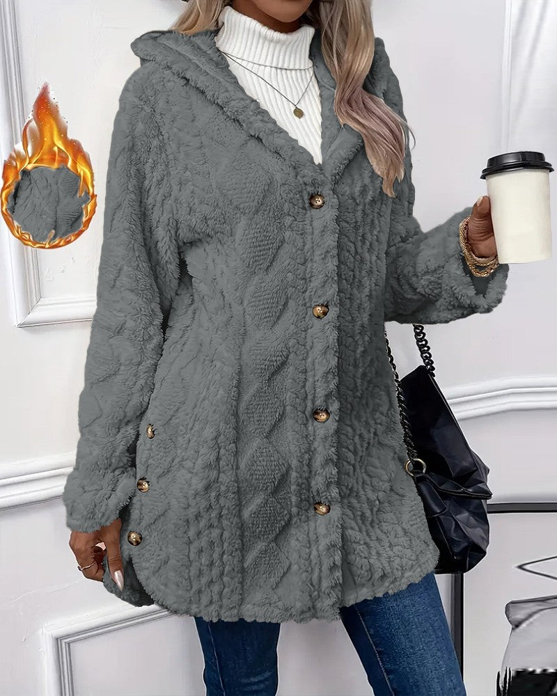 Argyle Textured Button Down Side Slit Long Sleeve Fleece Teddy Coat Hooded Jacket Warm Outwear