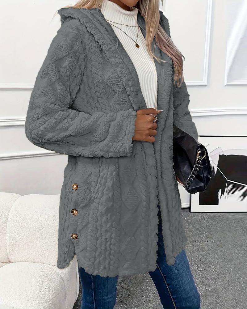 Argyle Textured Button Down Side Slit Long Sleeve Fleece Teddy Coat Hooded Jacket Warm Outwear