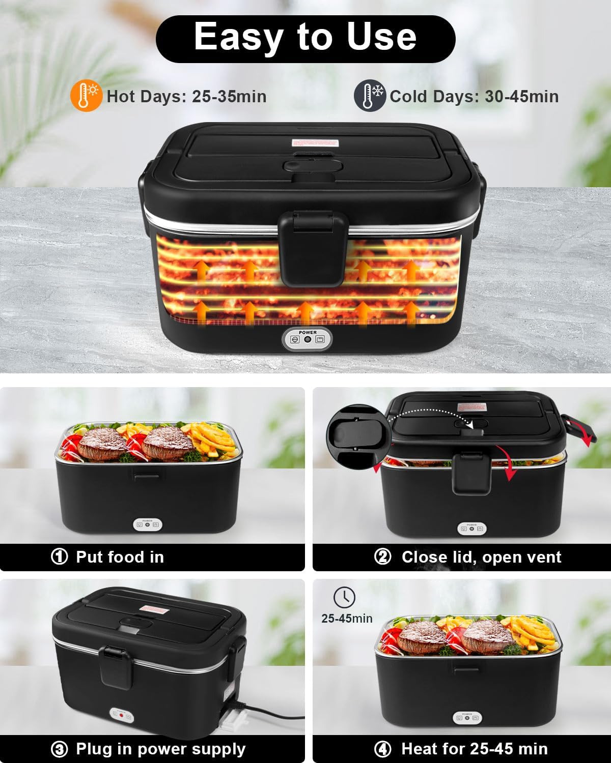 AUTOPkio Electric Lunch Box for Adults, 1.8L Portable Food Warmer 12V/24V/110V 80W Heating Lunch Box with Fork Spoon Carry Bag for Car Truck Office Work (Black)