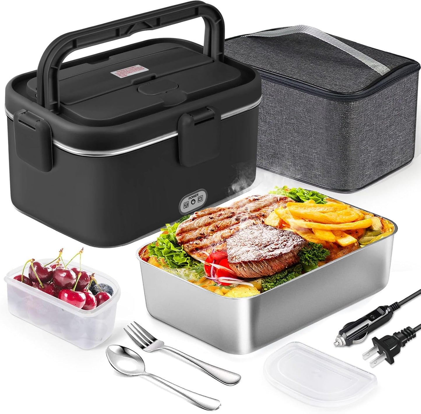 AUTOPkio Electric Lunch Box for Adults, 1.8L Portable Food Warmer 12V/24V/110V 80W Heating Lunch Box with Fork Spoon Carry Bag for Car Truck Office Work (Black)